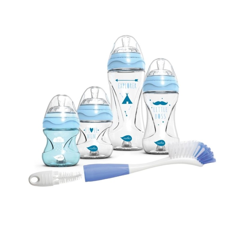 Set Regalo 4 biberon anti-colica + scovolino e mini - AZZURRO